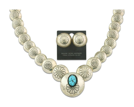 Vintage Navajo Bead Necklace 925 Siilver Turquoise Hand Stamped Native Artist