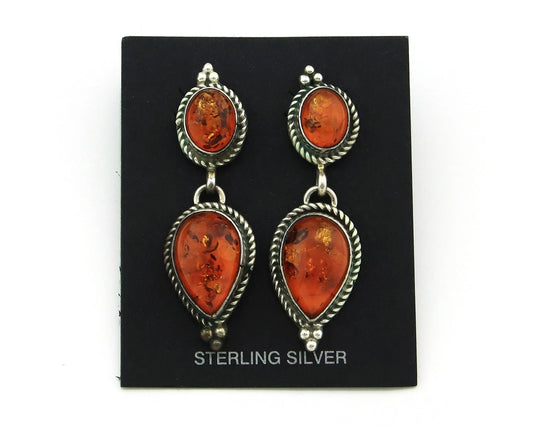 Navajo Dangle Earrings Sterling Silver Natural Amber Handmade Vintage