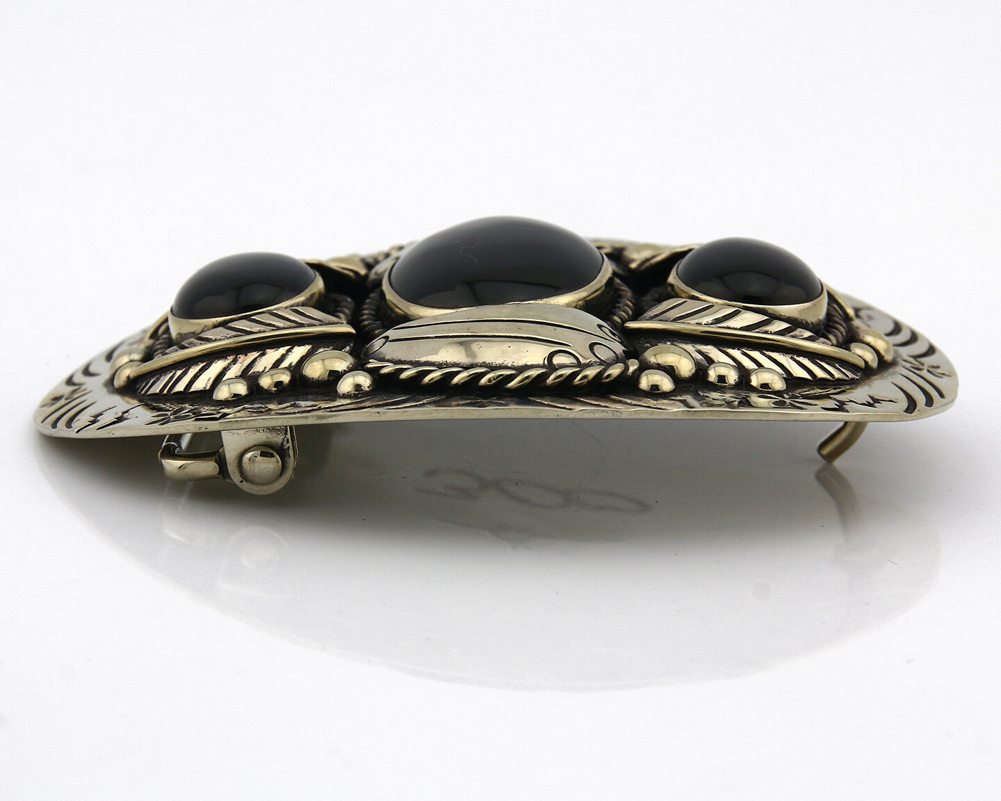 Navajo Handmade Belt Buckle .999 Nickle Silver Onyx Artist Signed Tipi C.80's