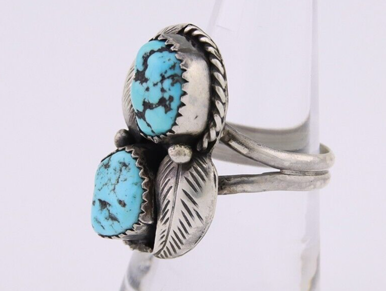 Navajo Ring 925 Silver Natural Blue Turquoise Native American Artist C.80's