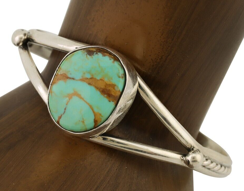 Navajo Cuff Bracelet 925 Silver Natural Blue Turquoise Artist Signed Gecko C.80s