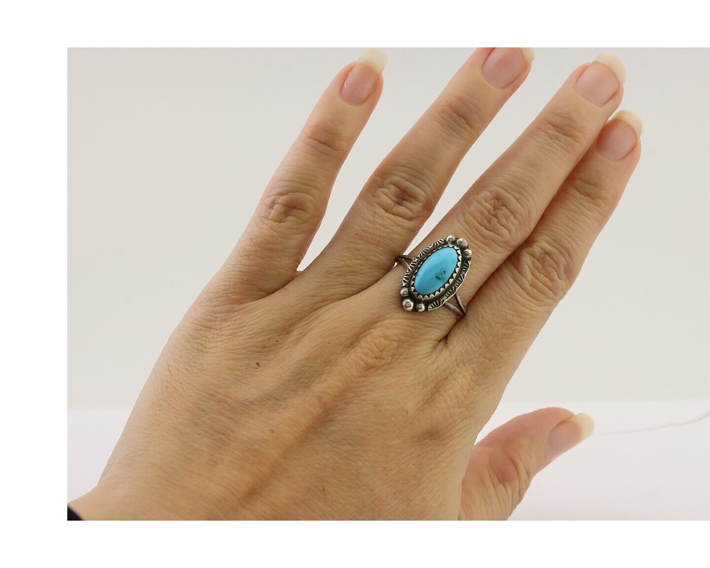 Navajo Ring 925 Silver Sleeping Beauty Turquoise Artist Signed SC C.80's