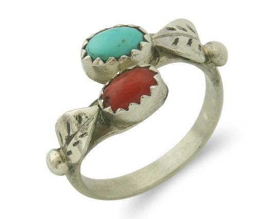 Vintage Navajo Band 925 Sterling Turquoise & Coral Native Artist Size 5.5