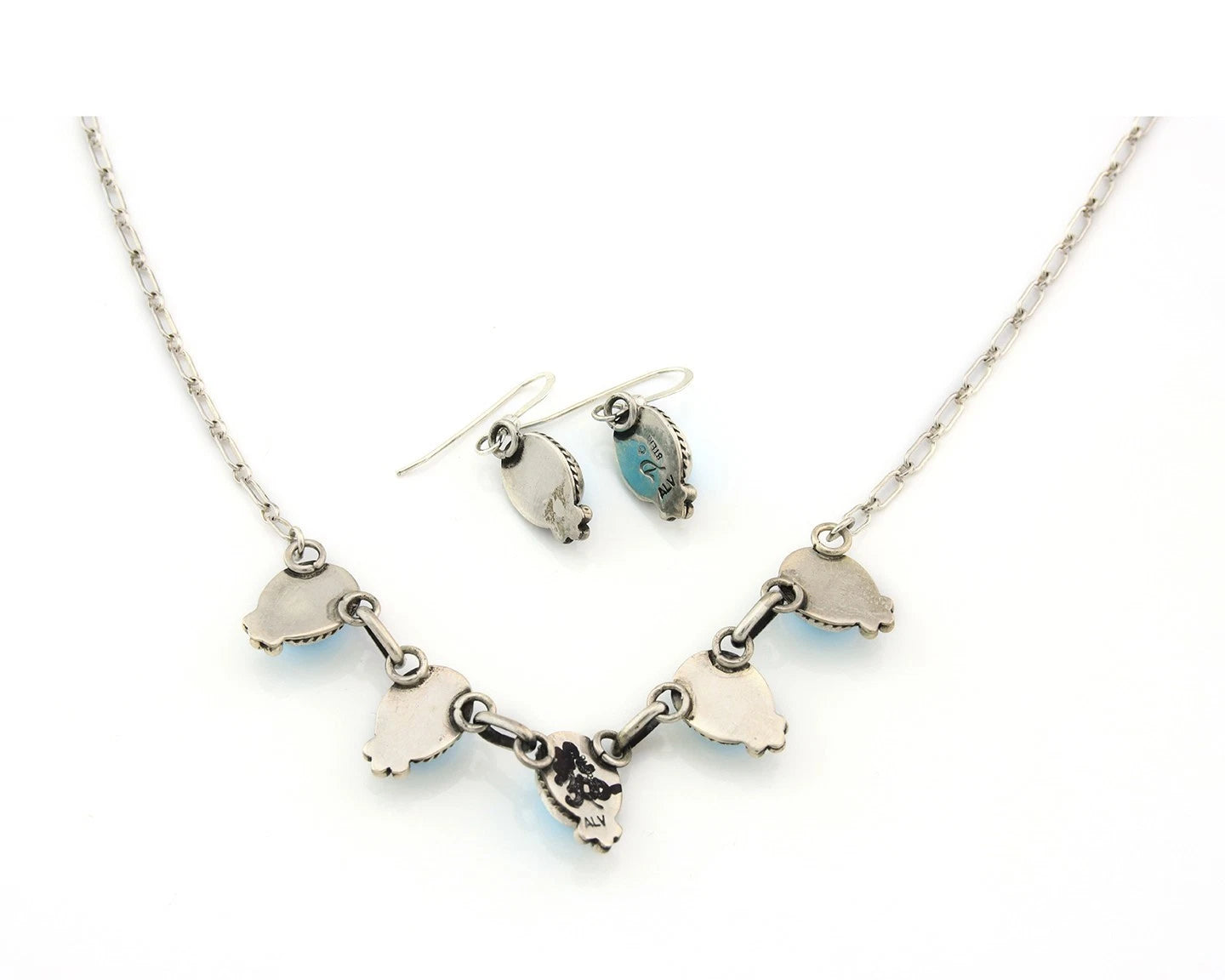 Navajo Necklace Earring Set Sterling Silver Turquoise Vintage Signed Dine ALV