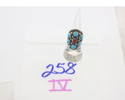 Navajo Ring 925 Sterling Natural Coral & Turquoise Signed EH C.80's Size 6.25