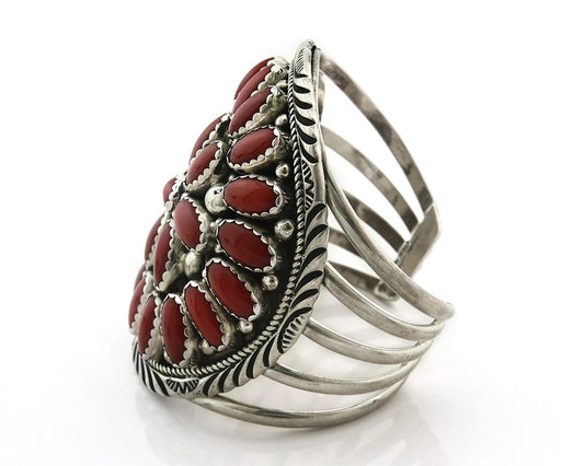Navajo Cuff Bracelet Sterling Silver Coral Vintage Signed Charles Johnson