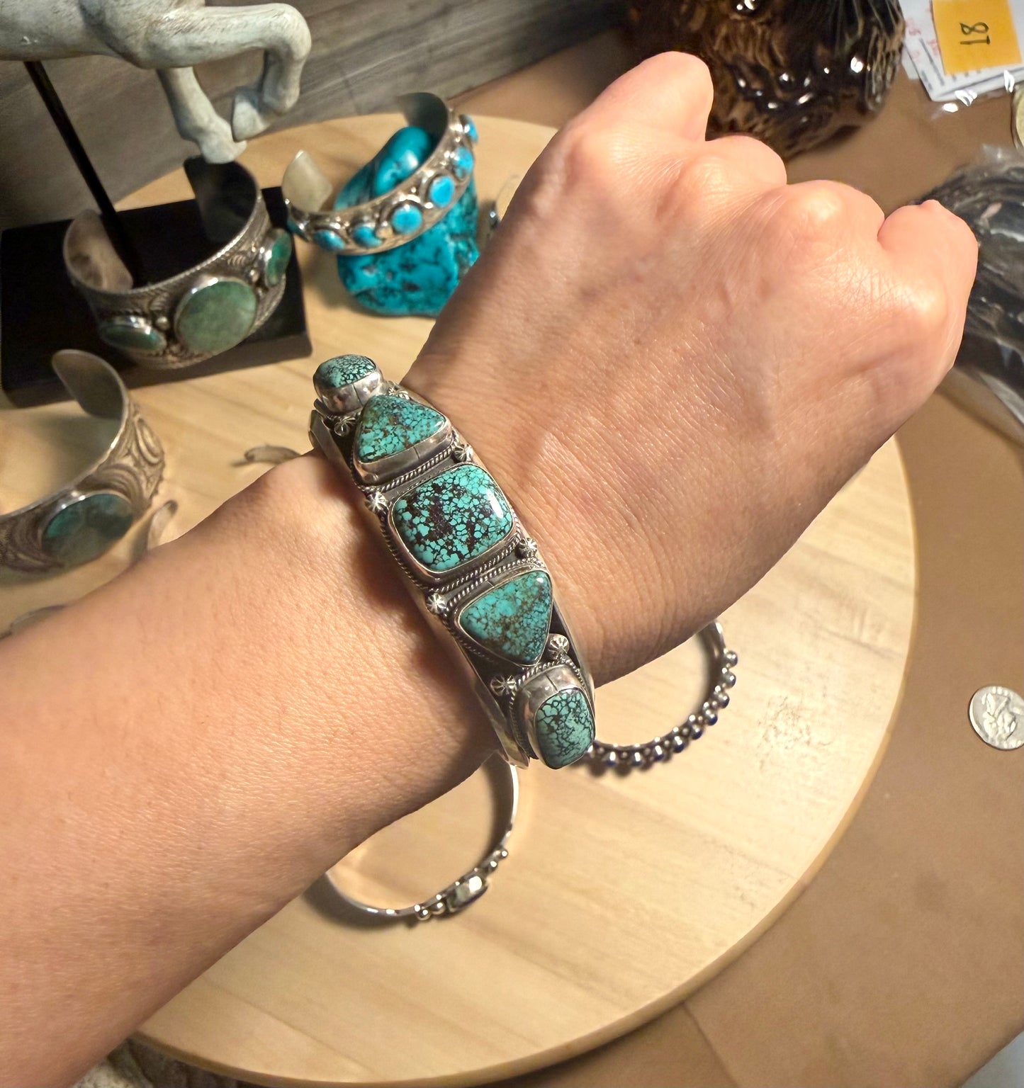 Vintage Navajo natural turquoise sterling silver cuff bracelet signed Vivian Barbone