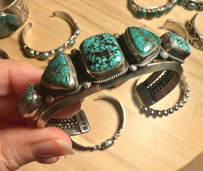 Vintage Navajo natural turquoise sterling silver cuff bracelet signed Vivian Barbone