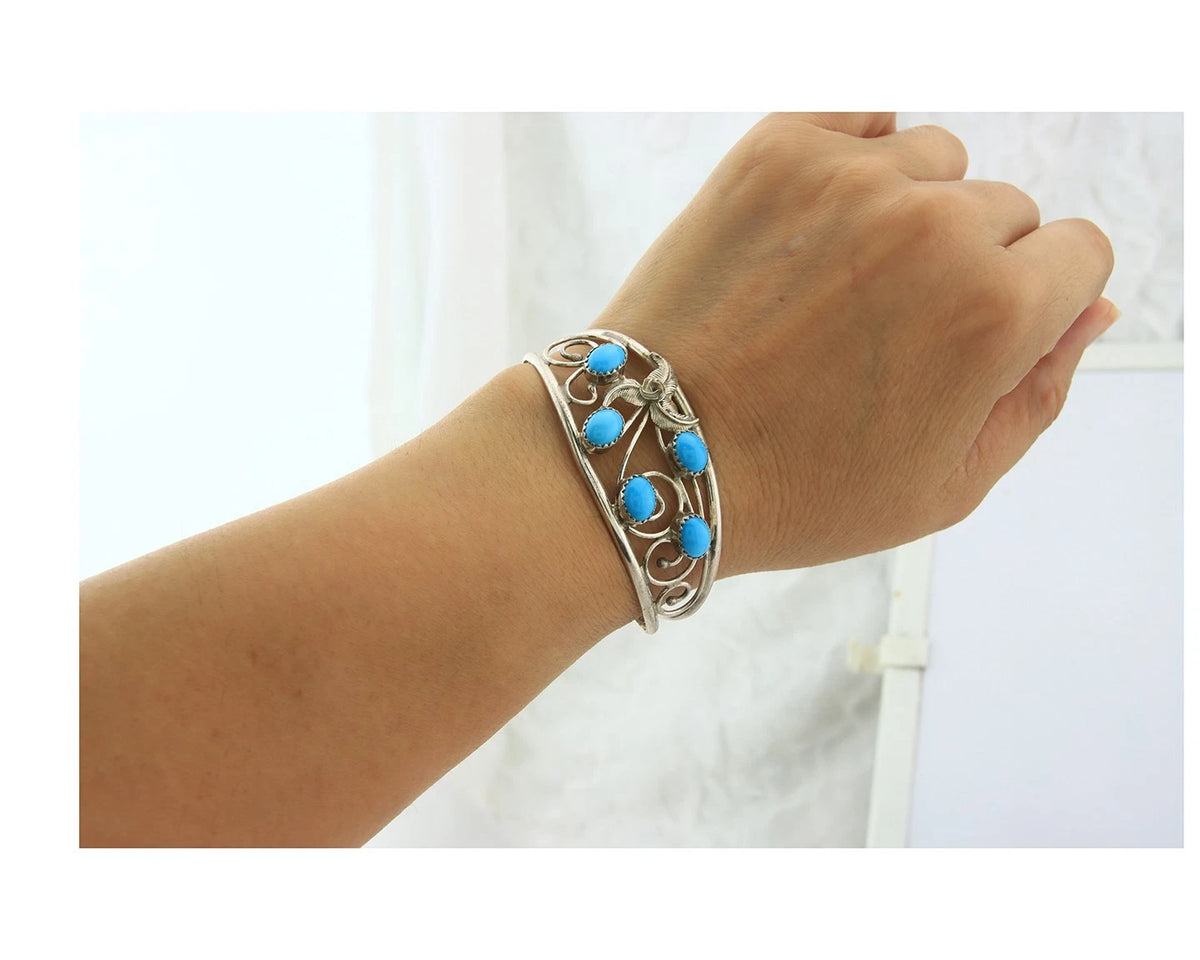 Navajo Cuff Bracelet Sterling Silver Turquoise Vintage Signed SH