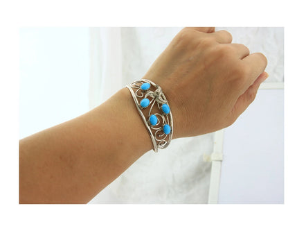 Navajo Cuff Bracelet Sterling Silver Turquoise Vintage Signed SH