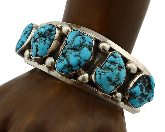 Navajo Bracelet 925 Silver Nugget Sleeping Beauty Turquoise Artist Signed JR C80