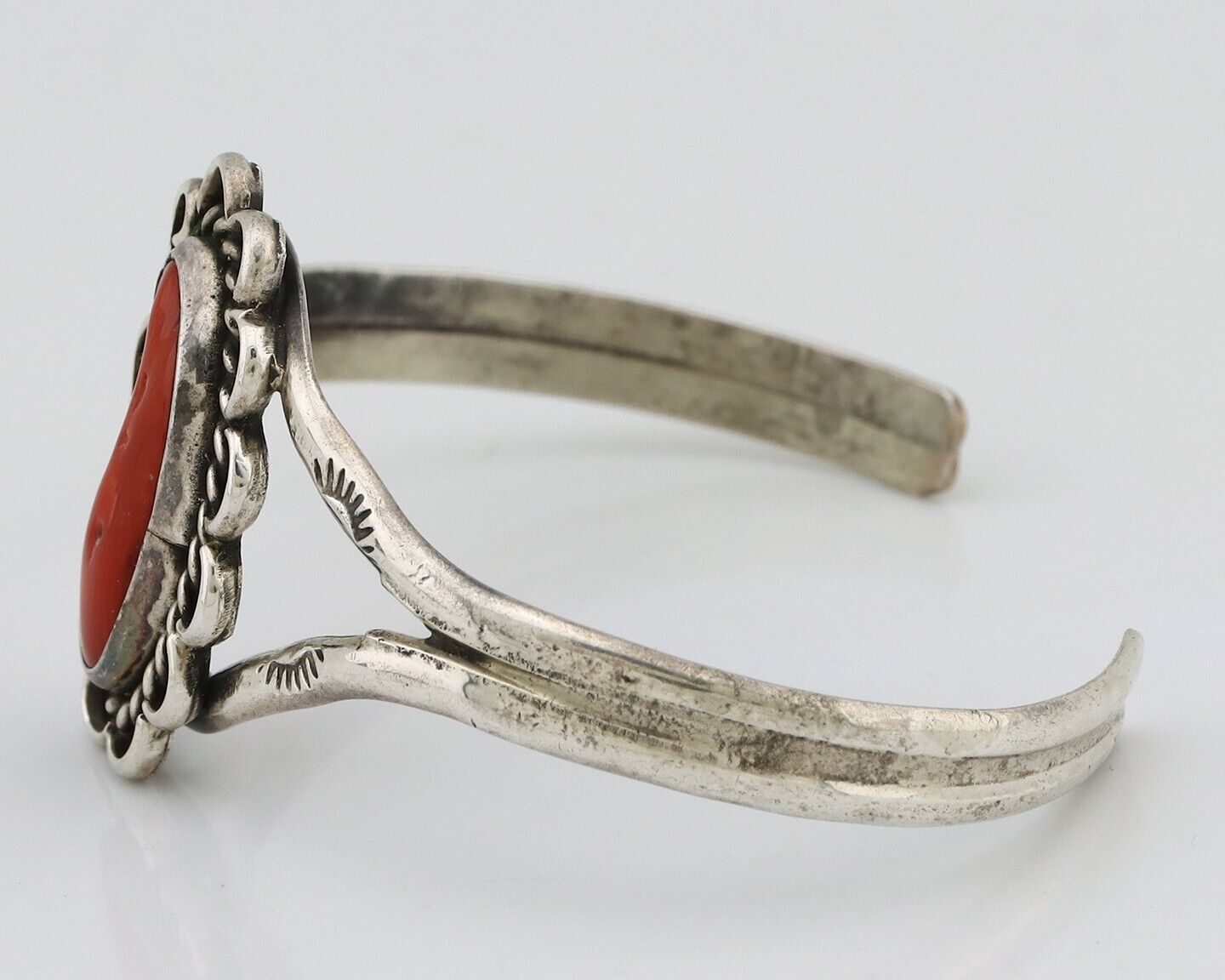 Navajo Bracelet 925 Silver Natural Red Coral Artist Signed L Begay C.80's