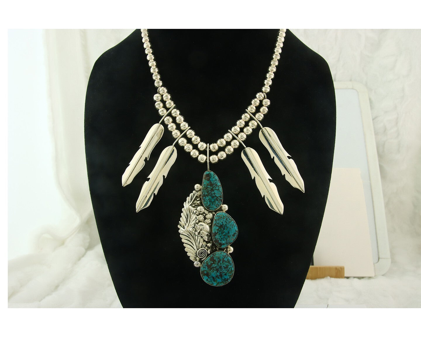 Vintage Navajo Bead Necklace 925 Siilver Turquoise Signed Ben S & LSP