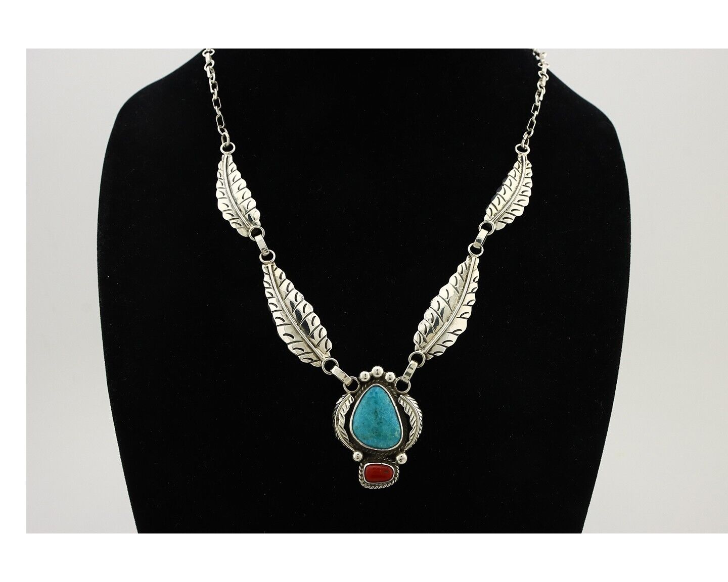 Navajo Necklace 925 Silver Turquoise & Coral Artist Signed Rabbit Stick C.2008