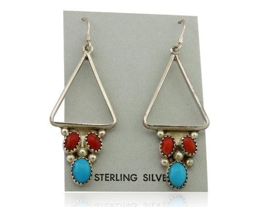 Navajo Earrings 925 Silver Turquoise & Coral Native American Artist C.80's