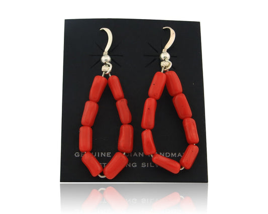 Navajo Earrings Sterling Silver Natural Red Coral Vintage Handmade Dangle