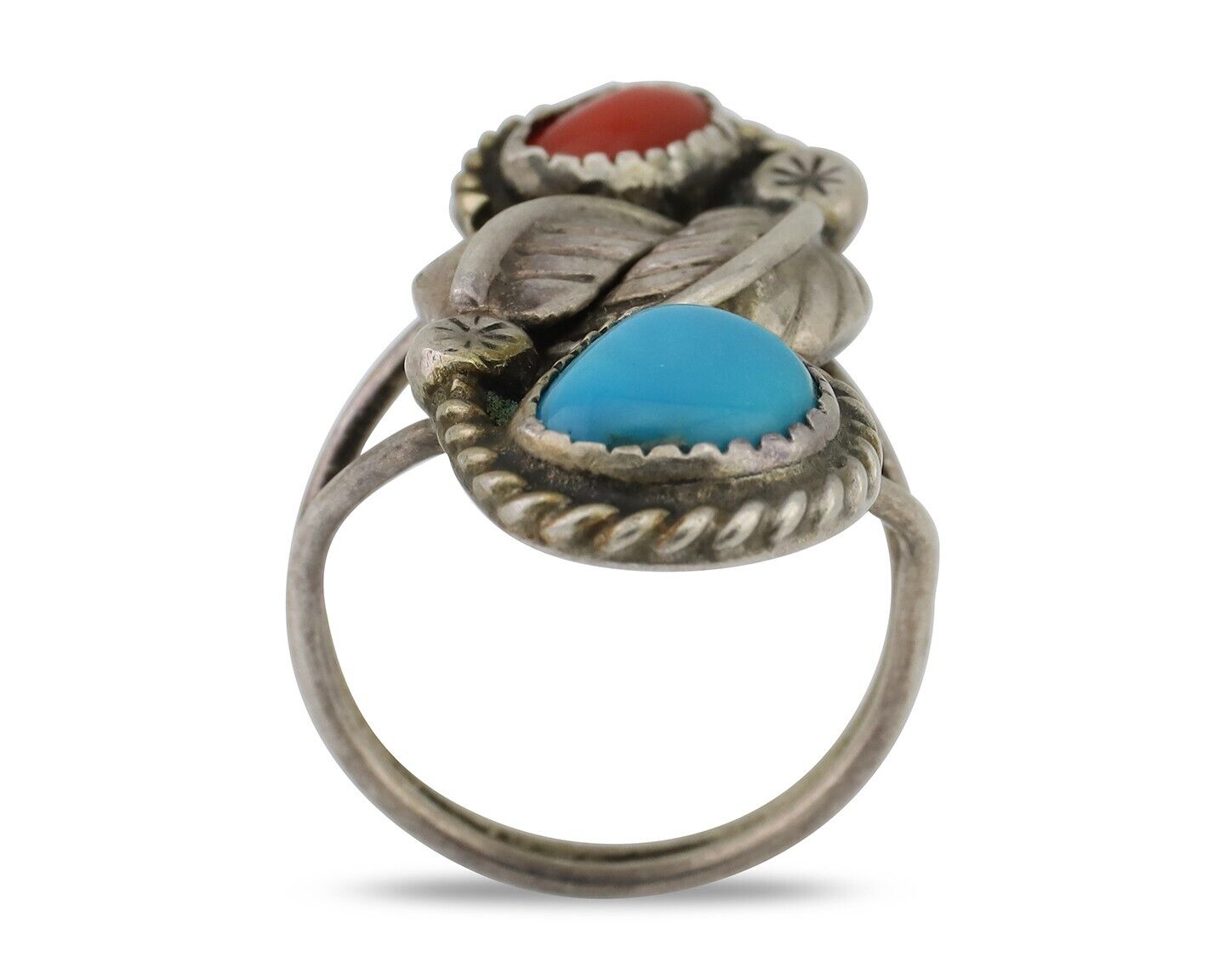 Navajo Handmade Ring 925 Silver Blue Turquoise & Coral Size 8.75 C.80's