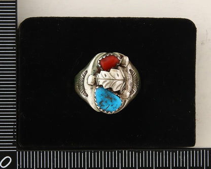 Navajo Ring 925 Sterling Turquoise & Coral Native Artist C.80's Size 6.75
