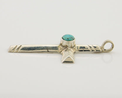 Navajo Sand Cast Cross Pendant 925 Silver Turquoise Artist Signed J Yazzie C.80s