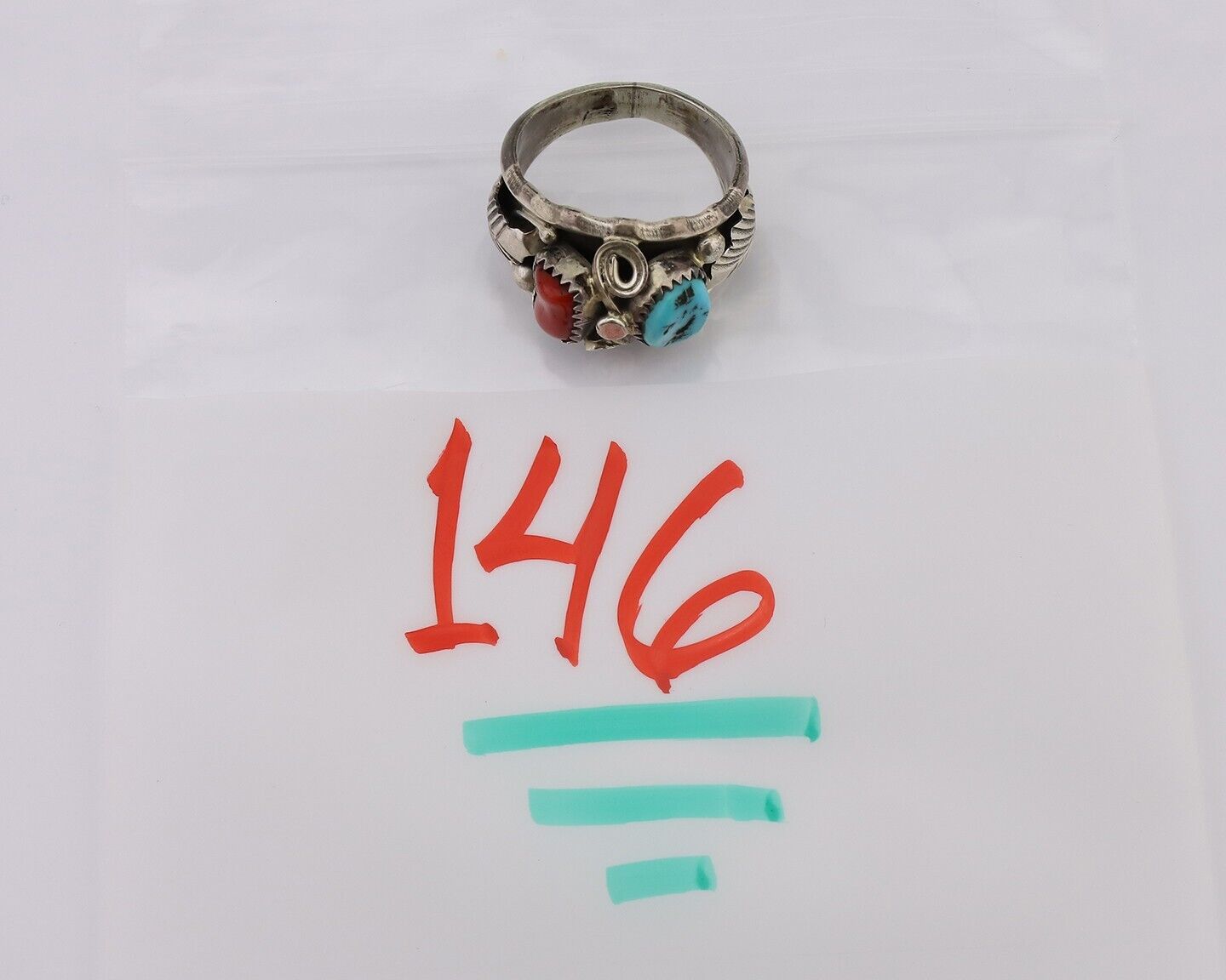 Navajo Ring 925 Silver Coral Turquoise Artist Signed SC C.80's