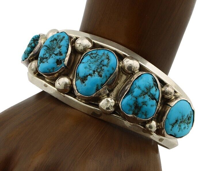 Navajo Bracelet 925 Silver Nugget Sleeping Beauty Turquoise Artist Signed JR C80