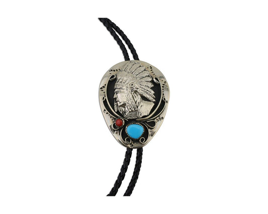 Navajo Indian Chief Bolo Tie Horse Head .999 Nickel Coral & Turquoise C.80's