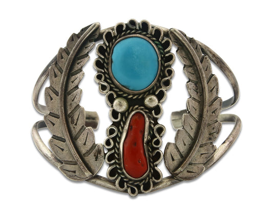 Vintage Navajo Bracelet 925 Silver Red Coral Turquoise Signed JJ