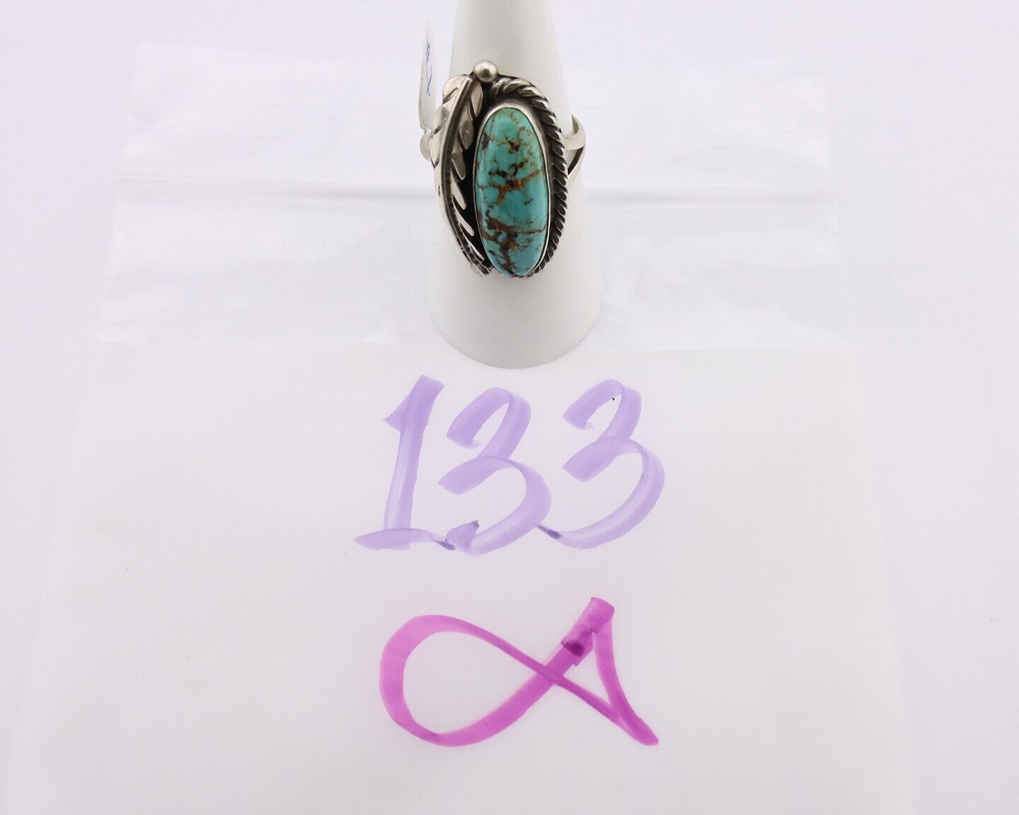 Navajo Ring 925 Silver Spiderweb Turquoise Native Artist Signed C.80's