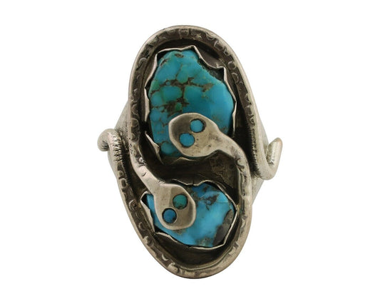 Mens Heavy Zuni Snake Ring 925 Silver Turquoise Signed EFFIE CALAVASA C.80's