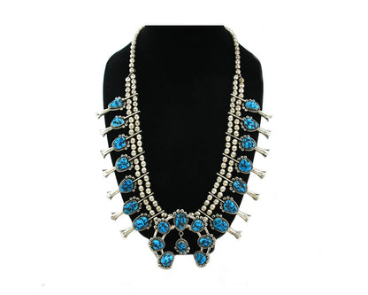 Navajo Squash Necklace Set Sterling Silver Natural Blue Turquoise Vintage C.80's