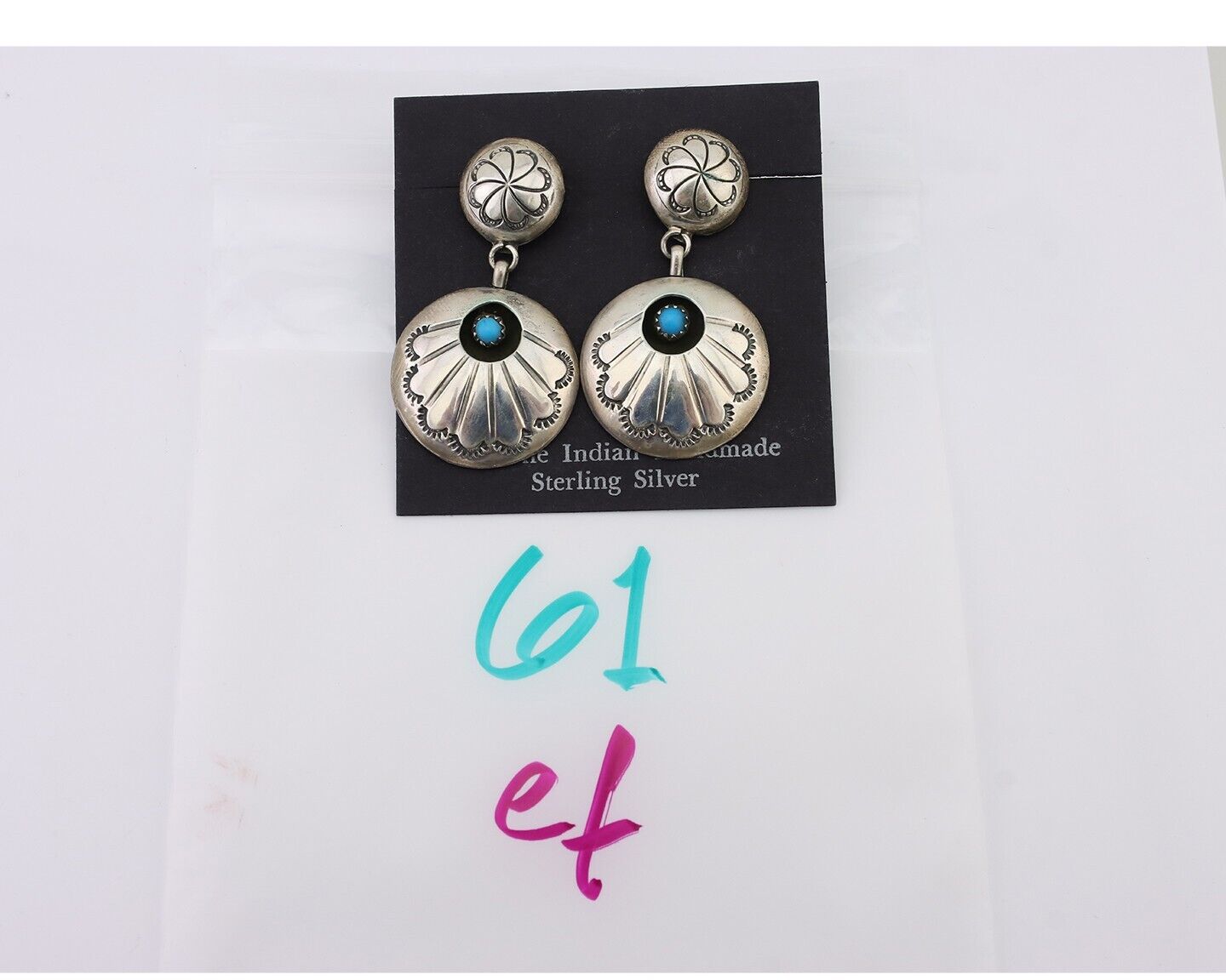 Navajo Dangle Earrings 925 Silver Natural Turquoise Native American Artist C.80s