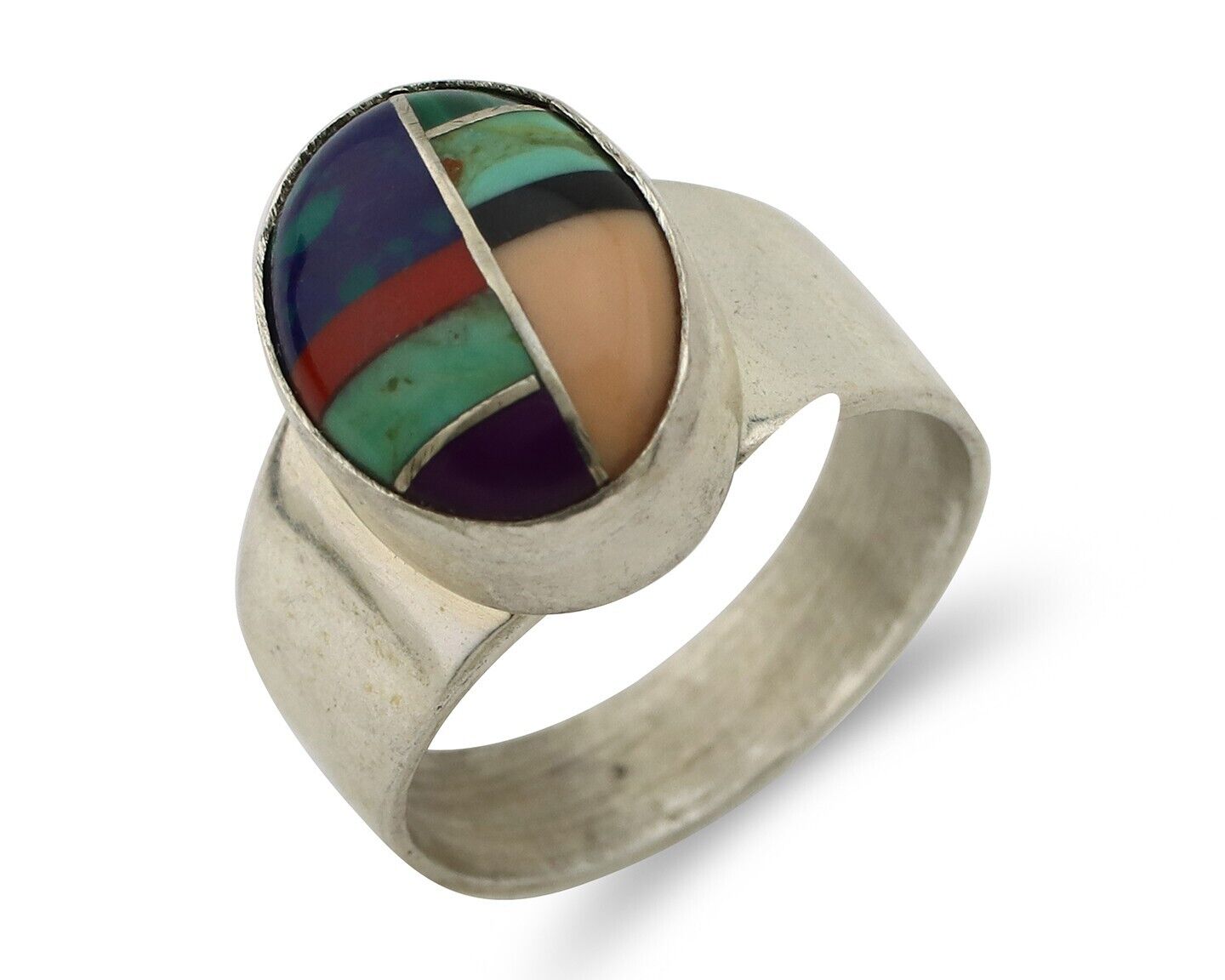 Zuni Inlaid Ring 925 Silver Mixed Natural Gemstones Native American Artist C.80s