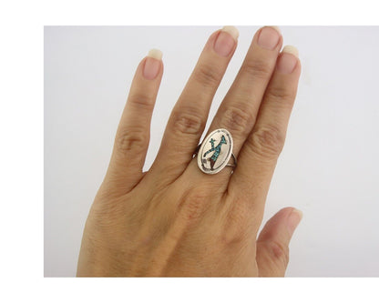 Navajo Ring 925 Sterling Natural Chip Inlay Coral & Turquoise C.80's Size 6.0