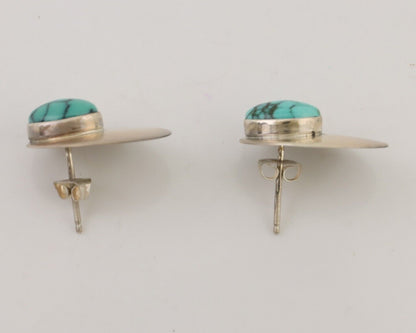 Navajo Shield Earrings 925 Silver Natural Malachite Signed Ella Peters C.80's