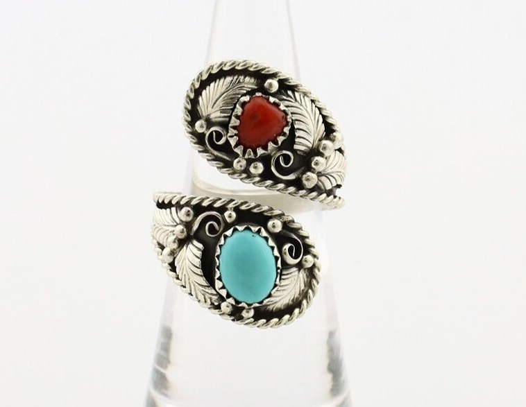 Navajo Adjustable Ring 925 Silver Turquiose & Coral Native Artist C.80's