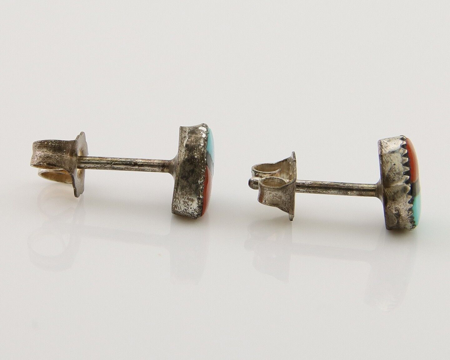 Navajo Earrings 925 Silver Inlaid Natural Onyx & Coral Native Artist C.80's