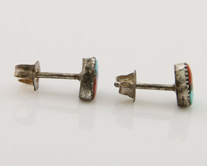 Navajo Earrings 925 Silver Inlaid Natural Onyx & Coral Native Artist C.80's