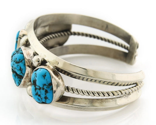 Navajo Cuff Bracelet Sterling Silver Blue Nugget Turquoise Vintage Signed JR
