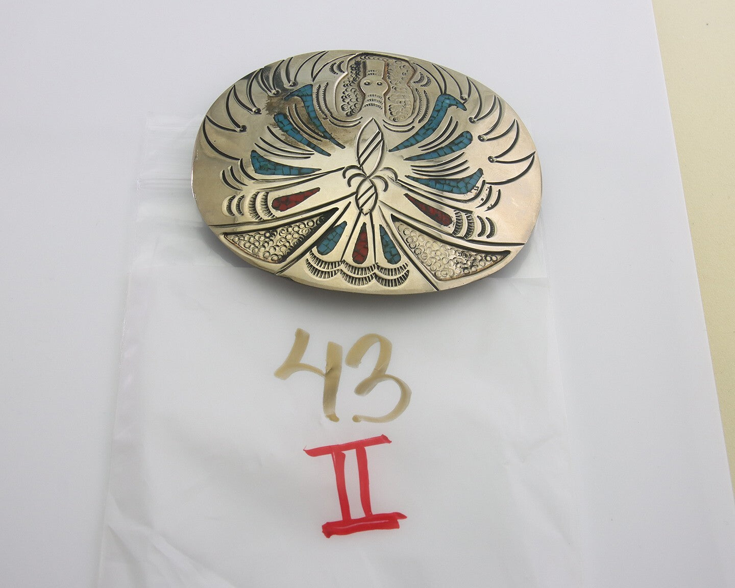 Navajo Belt Buckle .999 Nickel Buffalo Gemstone Signed Chee Keams 3x3.5 in C.80s