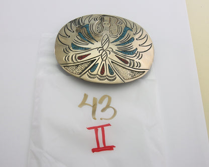 Navajo Belt Buckle .999 Nickel Buffalo Gemstone Signed Chee Keams 3x3.5 in C.80s