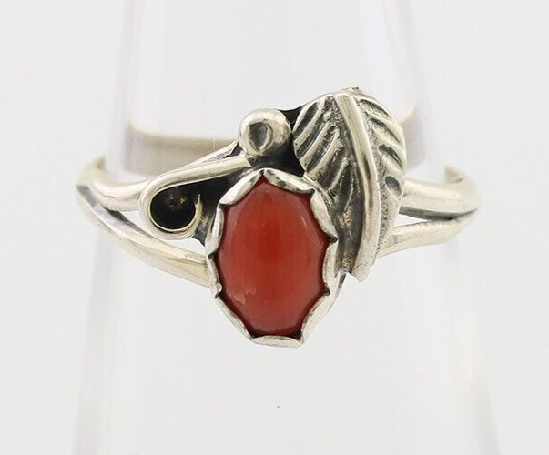 Navajo Handmade Ring 925 Silver Natural Coral Native Artist Size 5.5 C.80's