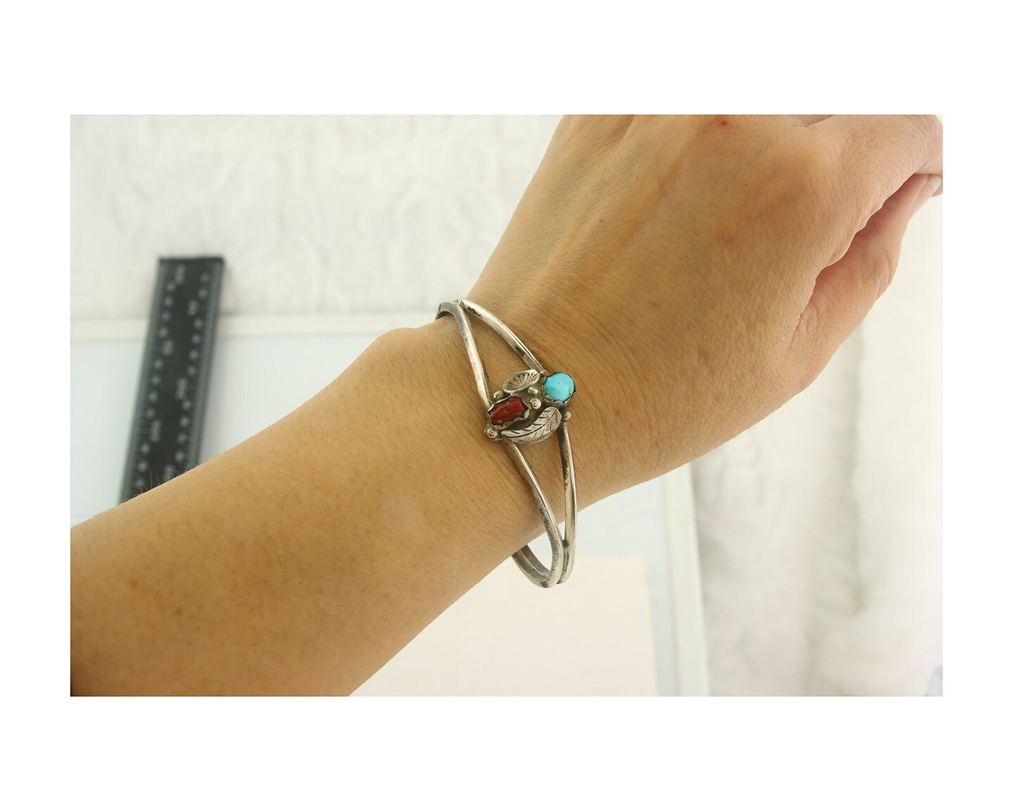 Navajo Bracelet 925 Silver Coral & Turquoise Cuff Signed Keith James C.80's