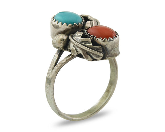 Vintage Navajo Ring 925 Sterling Silver Authentic Turquoise & Coral Size 5.5