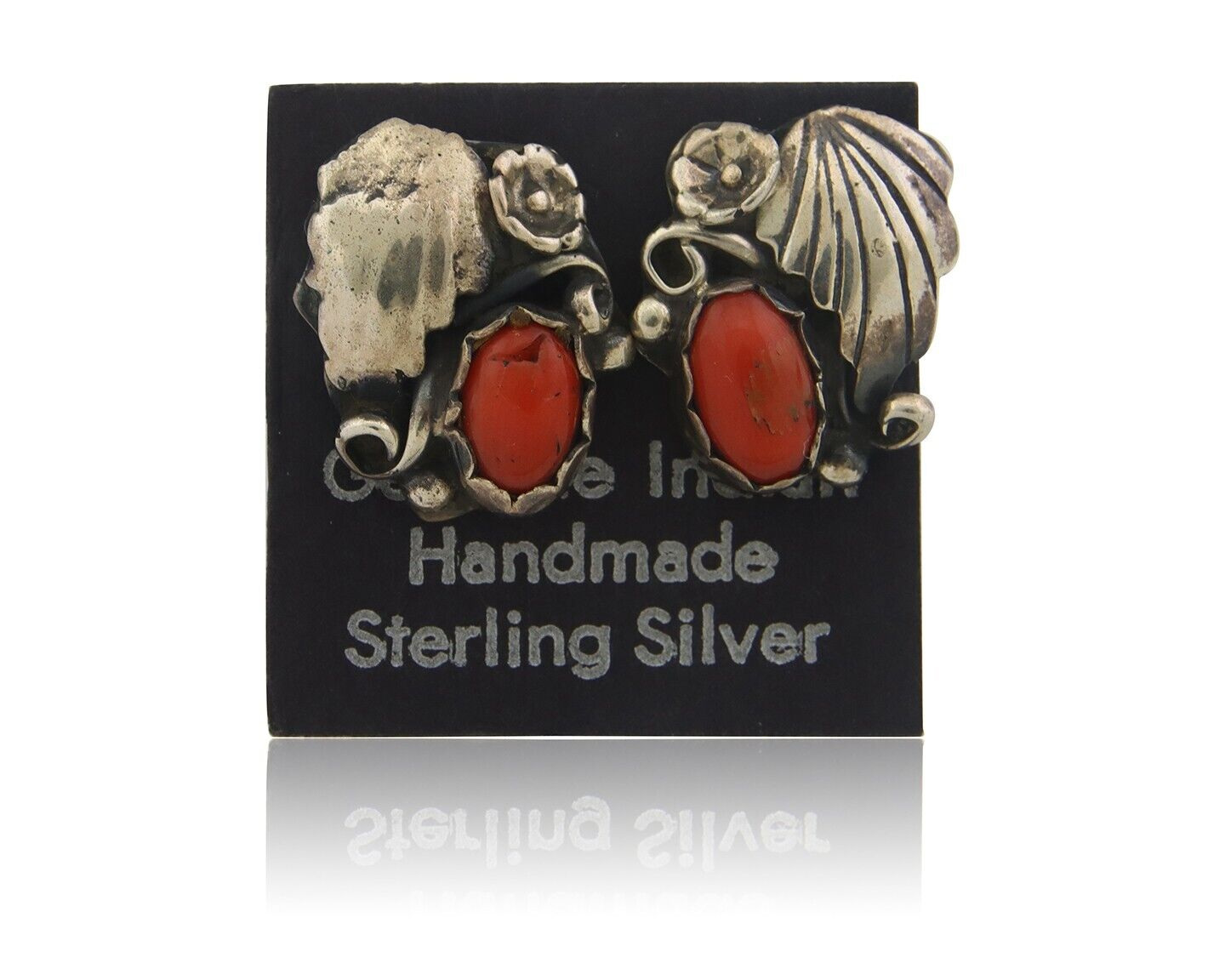 Navajo Earrings 925 Silver Natural Coral Native American Artist C.80's