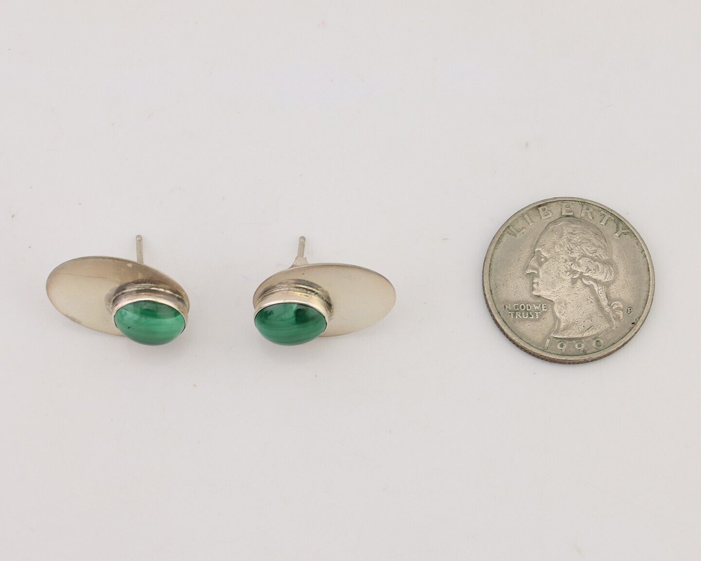 Navajo Shield Earrings 925 Silver Natural Malachite Signed Ella Peters C.80's