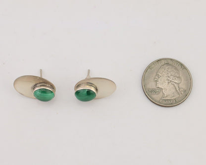 Navajo Shield Earrings 925 Silver Natural Malachite Signed Ella Peters C.80's