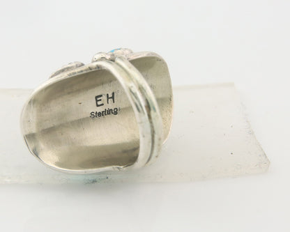 Navajo Ring 925 Sterling Natural Coral & Turquoise Signed EH C.80's Size 6.25
