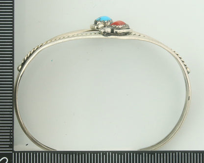 Navajo Bracelet 925 Silver Coral & Turquoise Cuff Signed Running Bear C.80's