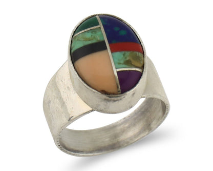 Zuni Inlaid Ring 925 Silver Mixed Natural Gemstones Native American Artist C.80s