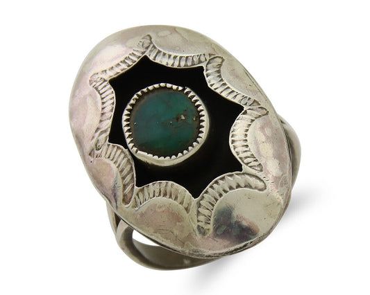 Navajo Hand Stamped Ring 925 Silver Natural Turquoise Native Artist C.80's